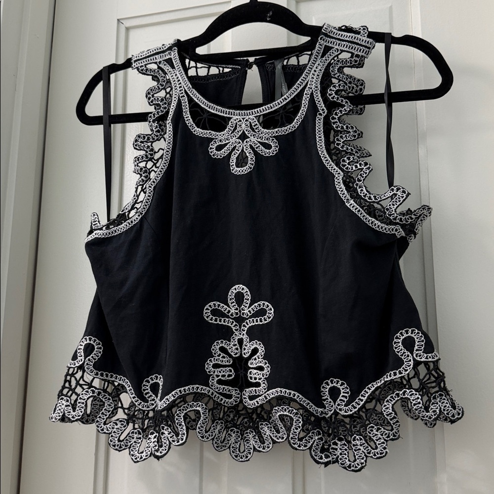 EUC BY ANTHROPOLOGIE Black Tank with Open Lace White Crochet Trim Embroidered